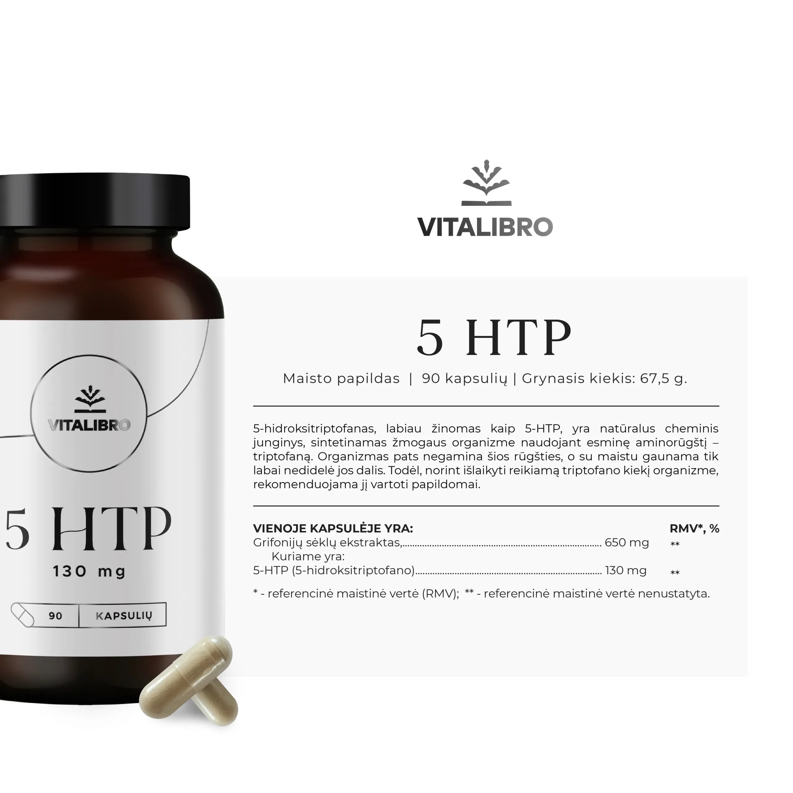 VitaLibro 5-HTP 90 kapsulių sudetis