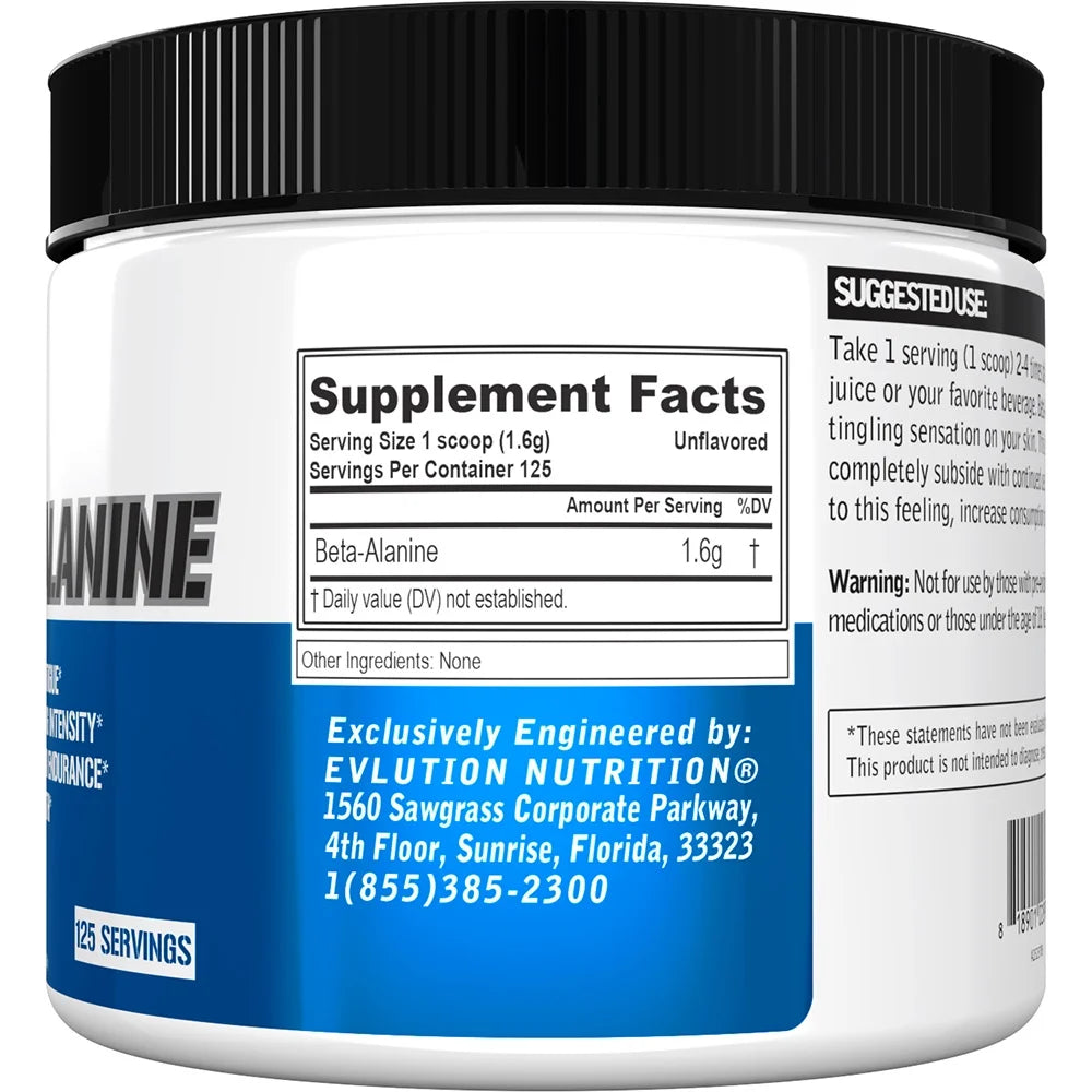 EVLution Nutrition Beta-Alanine, Unflavored - 200 grams supplement facts