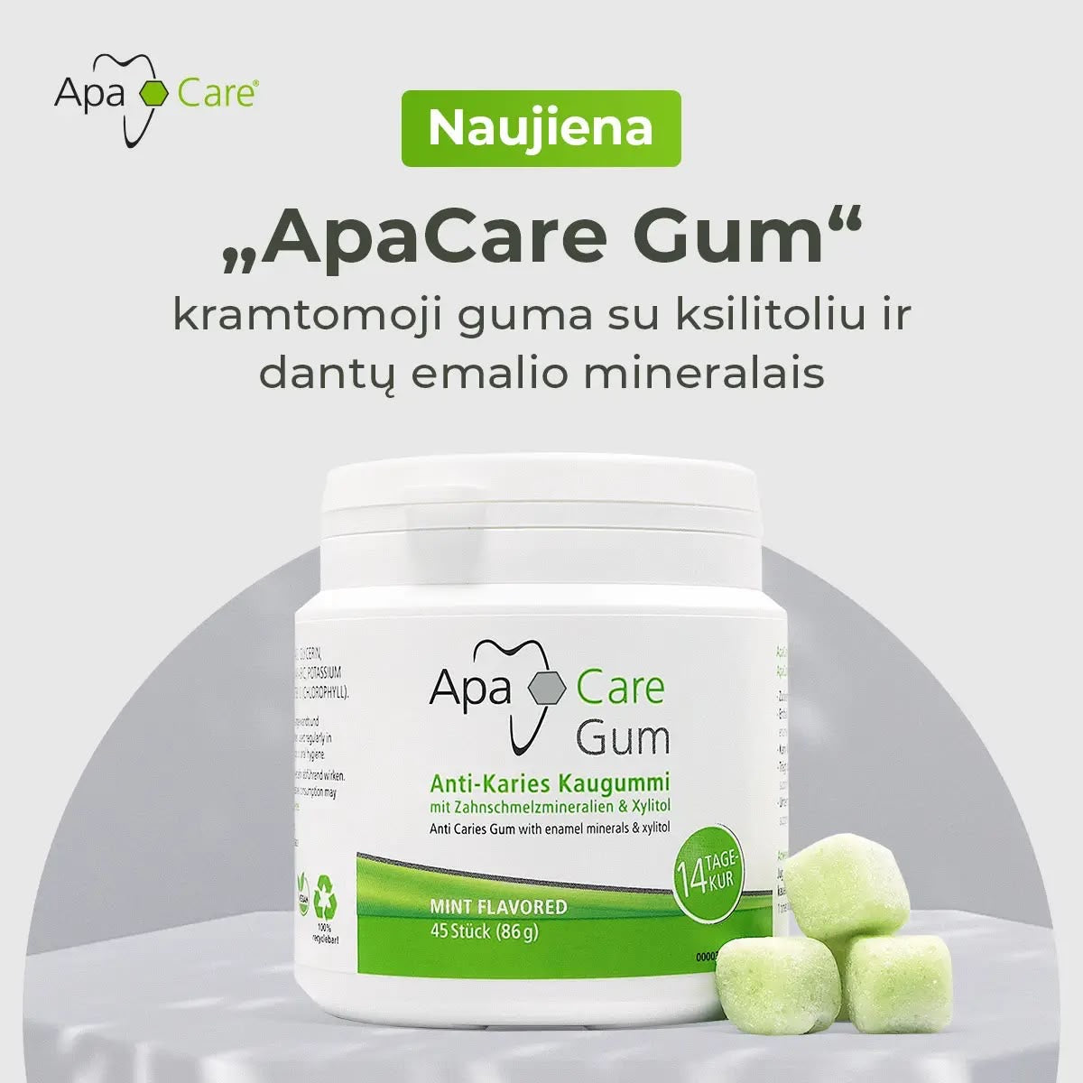 ApaCare Gum kramtomoji guma su ksilitoliu ir dantų emalio mineralais, mėtų skonio, 45 vnt. (86 g)