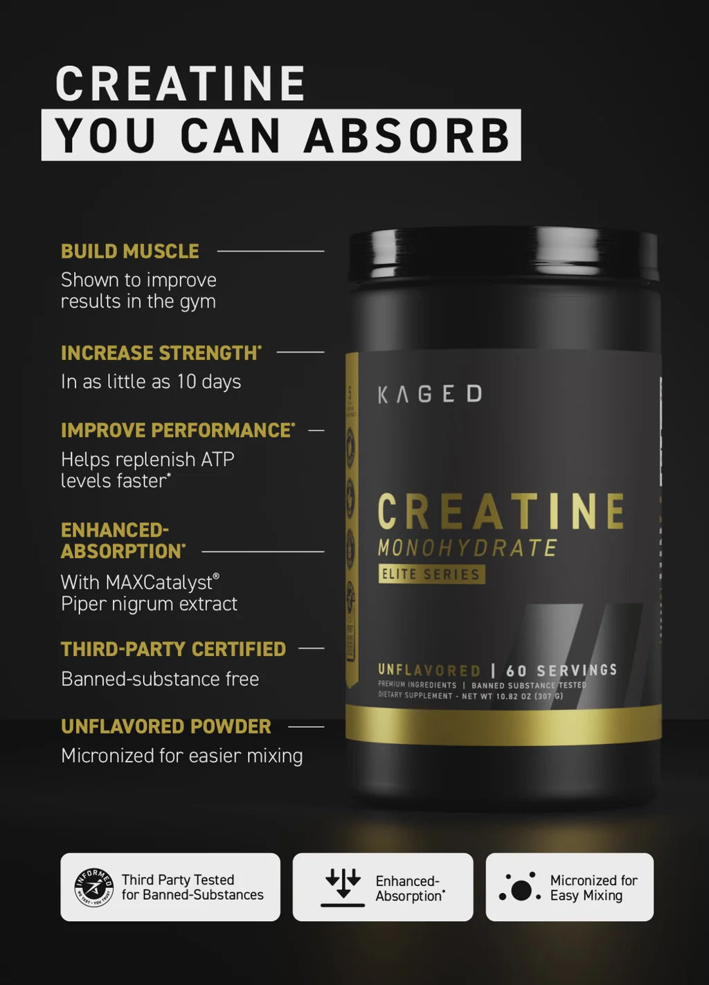 Kaged Muscle Creatine Monohydrate – Elite Series, Unflavoured – 307 g