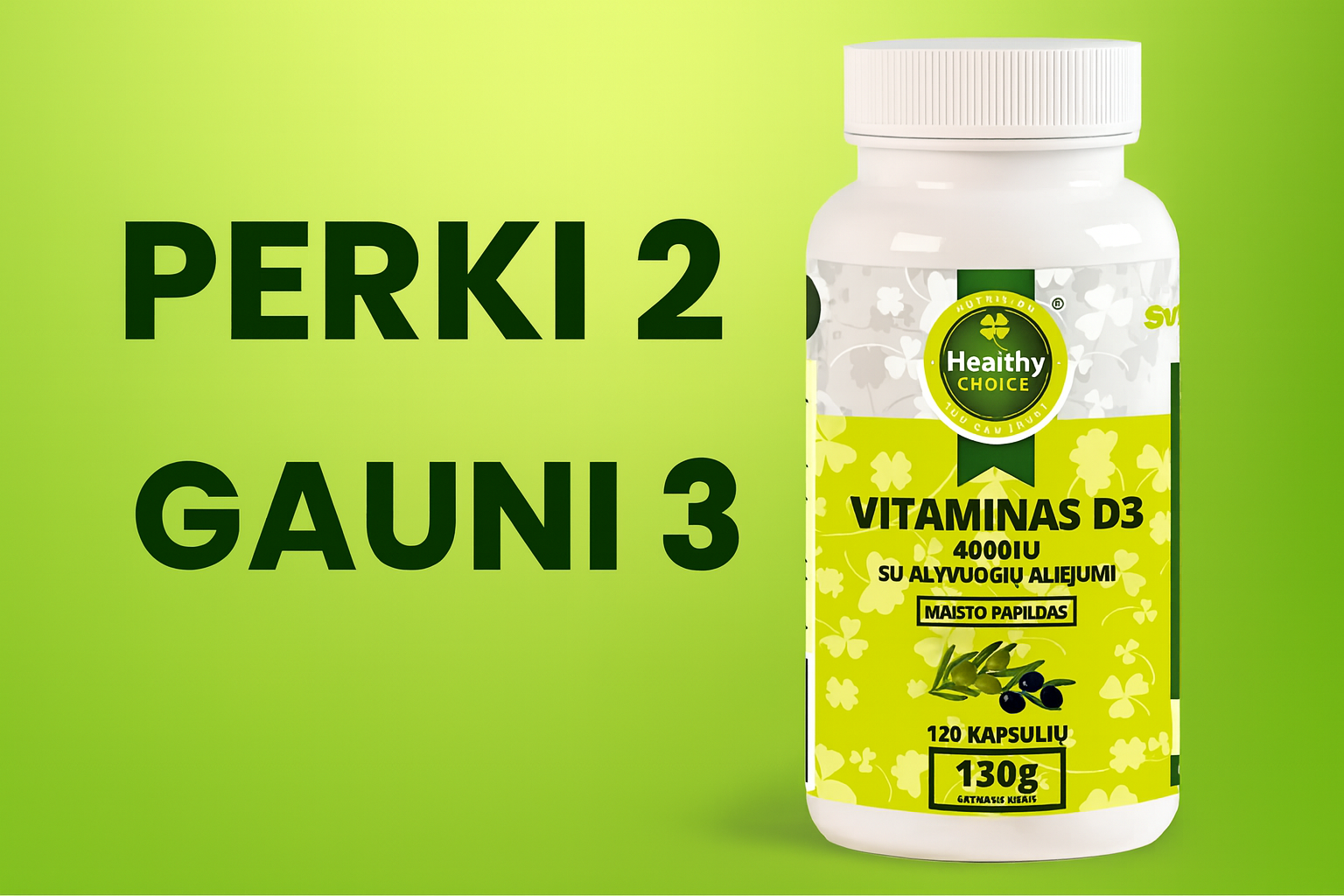 3x Healthy Choice Vitaminas D3 4000IU 120 kaps baneris