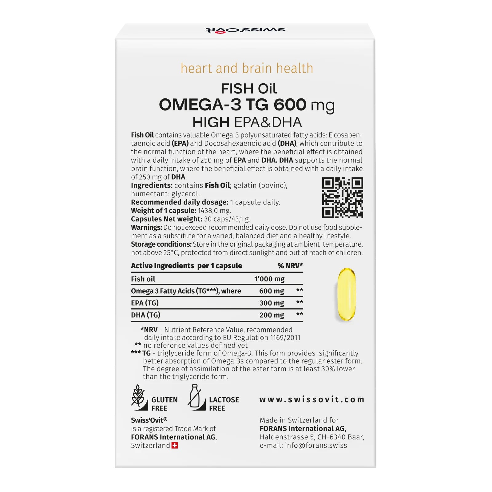 SWISSOVIT, OMEGA-3 TG, 600 mg, žuvų taukai, 30 kapsulių vartojimas