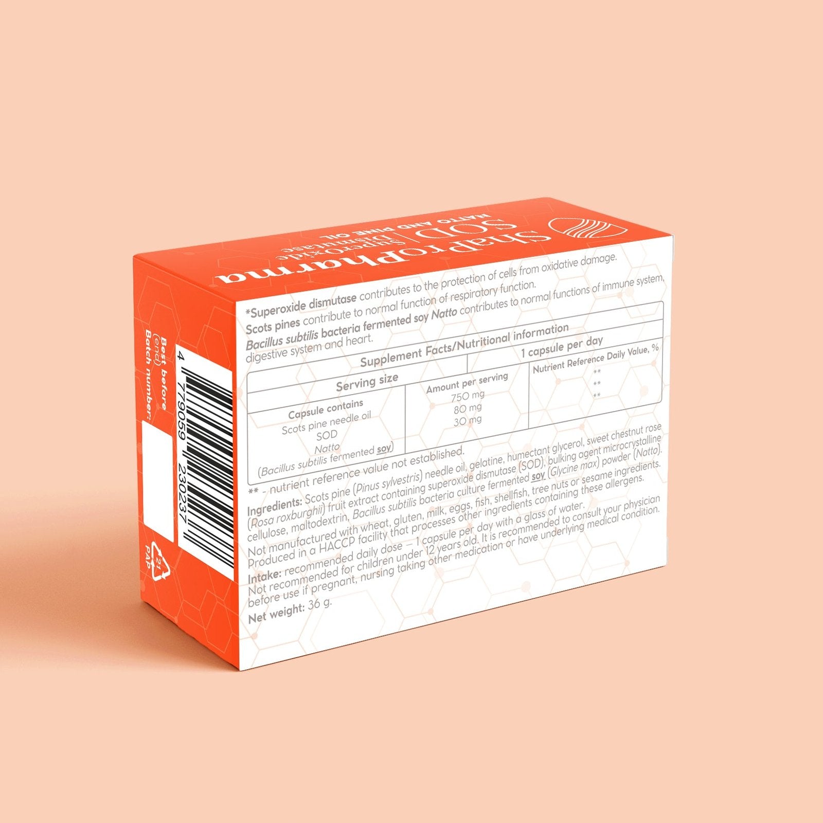 Shapropharma SOD (Superoksido dismutazė + Natto + Paprastosios pušys) 30 kapsulių sudetis