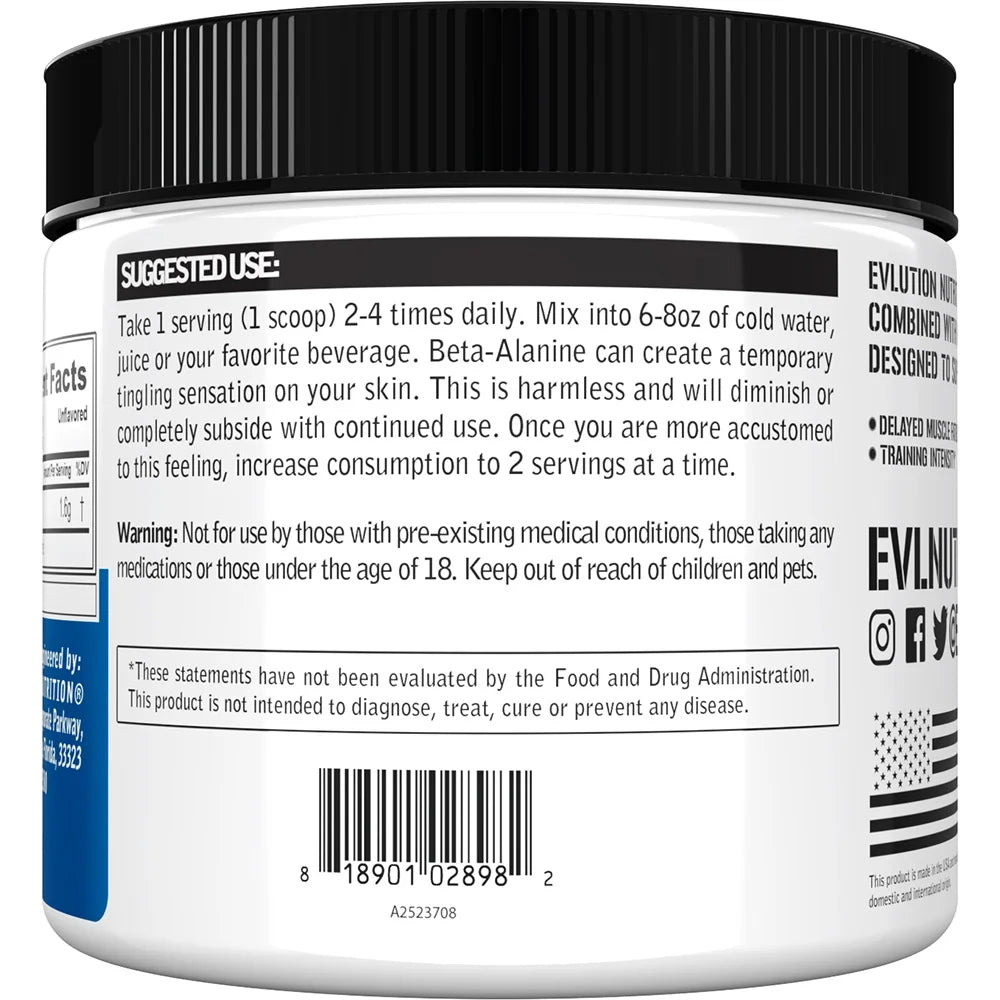 EVLution Nutrition Beta-Alanine, Unflavored - 200 grams usage