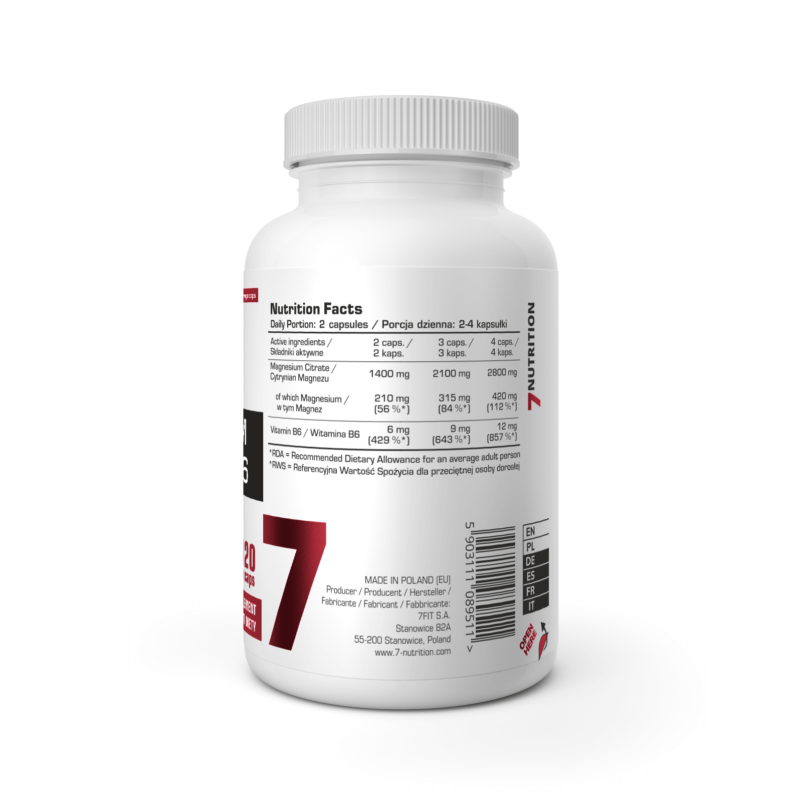 7Nutrition Magnesium Citrate + B6 120 Vege Caps sudetis