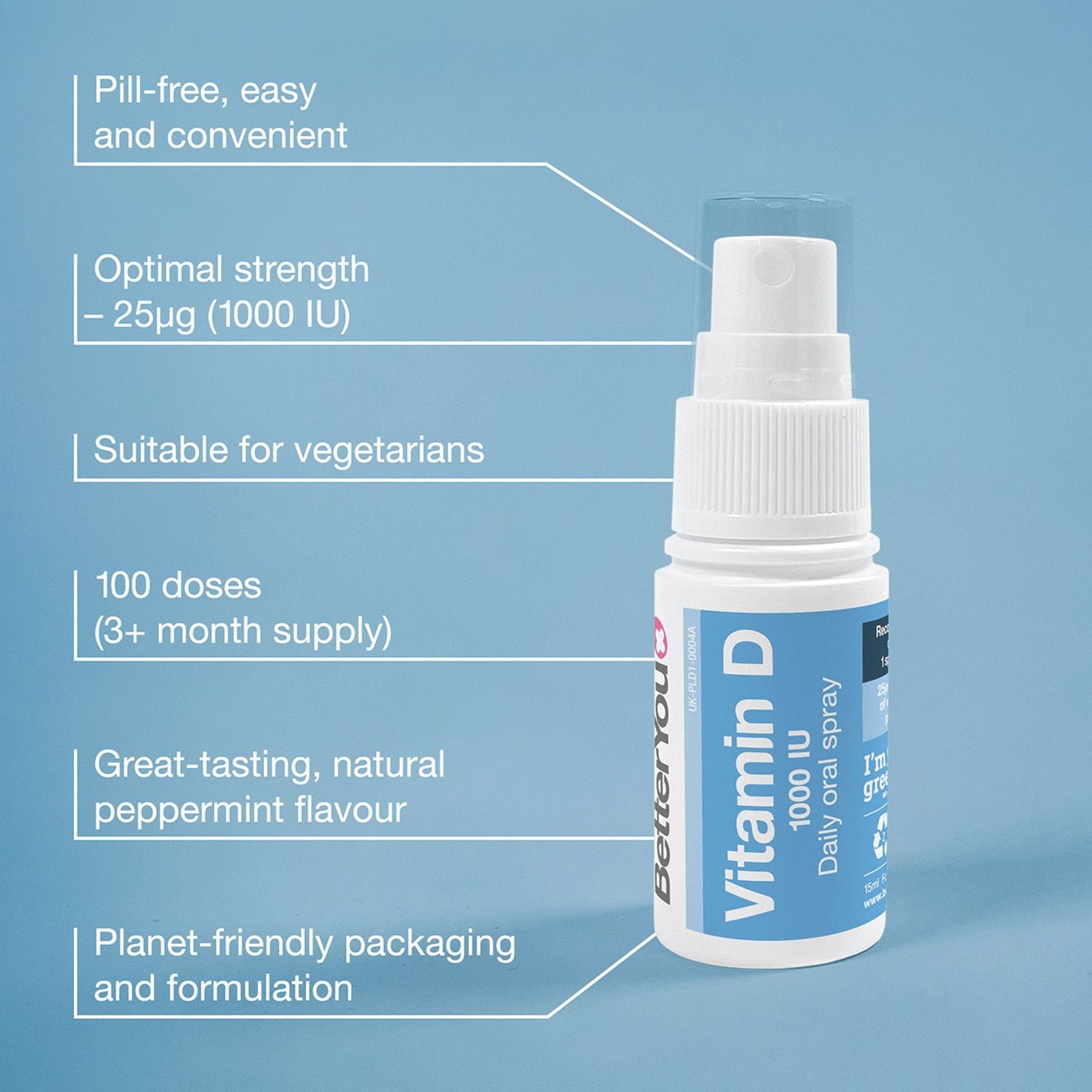 BetterYou Vitamin D 1000 IU Oral Spray (15 ml) privalumai