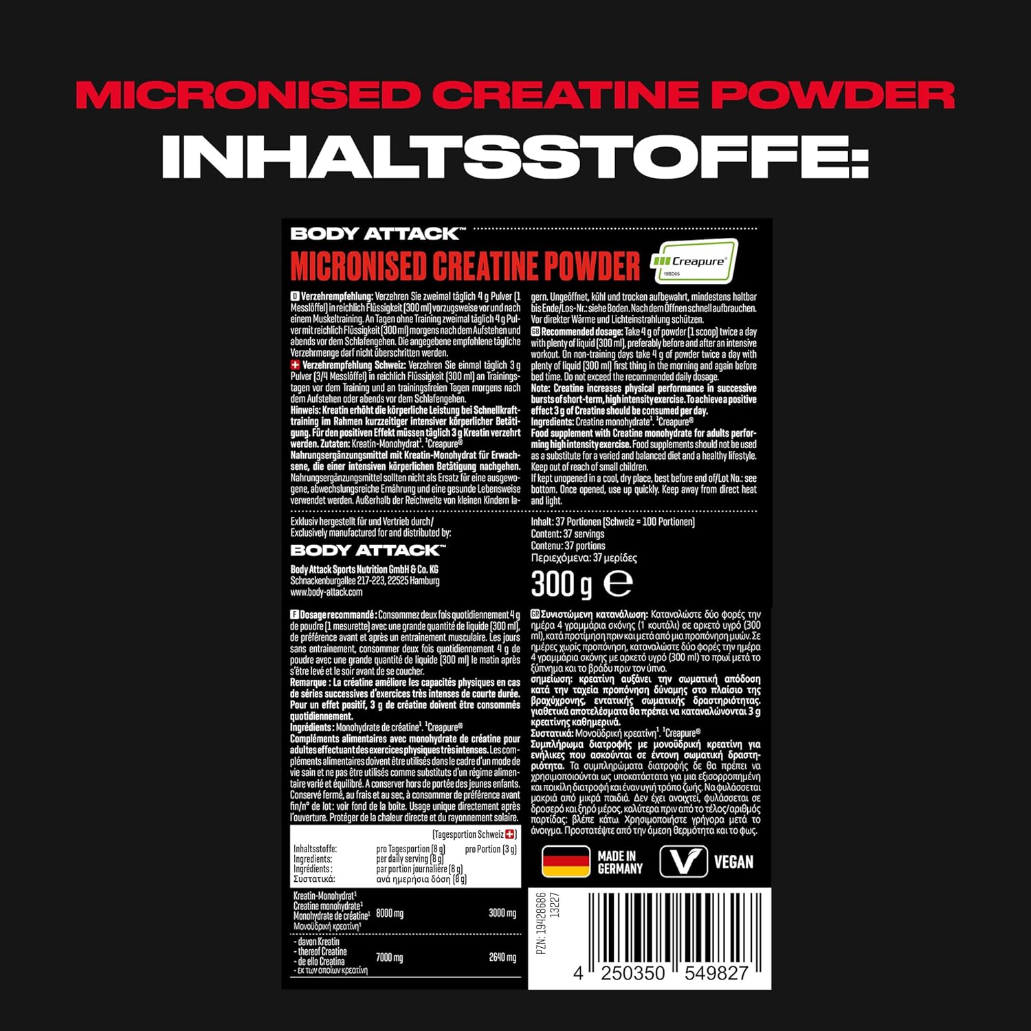 Body Attack Micronised Creatine Powder Creapure® - 300g