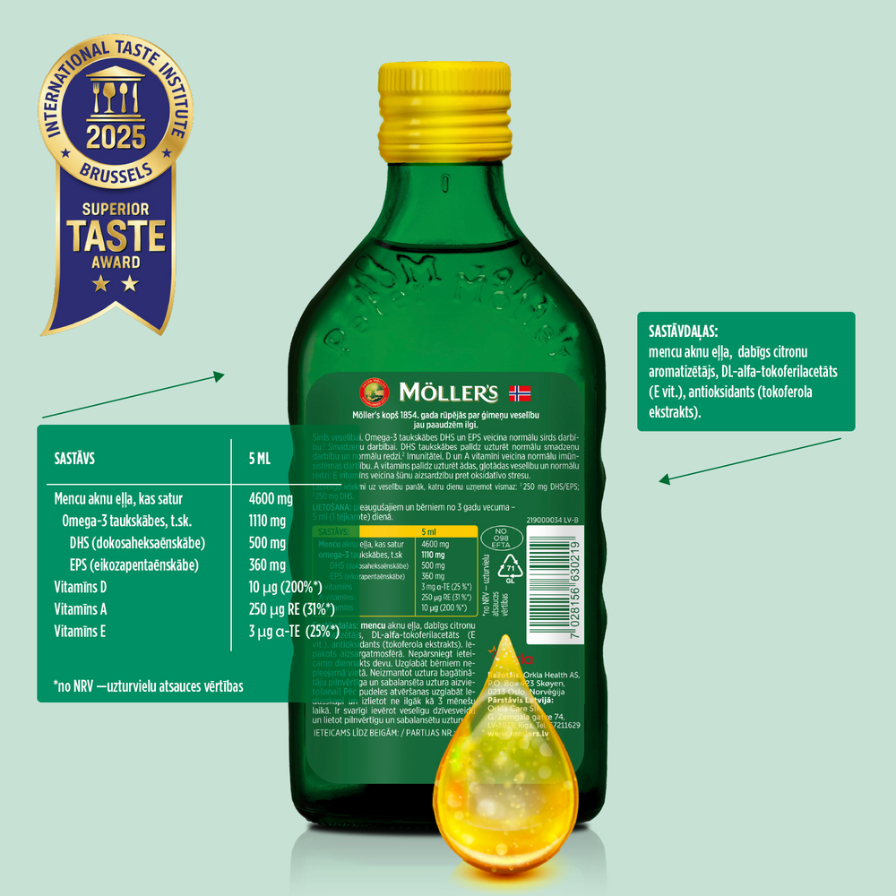 MÖLLER’S Omega-3 žuvų taukai, citrinų skonio, 250 ml