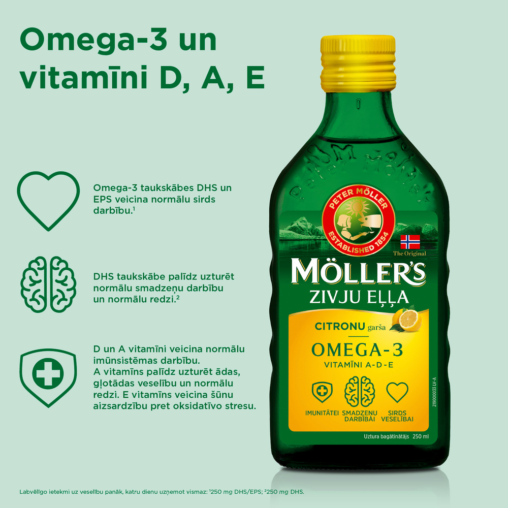 MÖLLER’S Omega-3 žuvų taukai, citrinų skonio, 250 ml