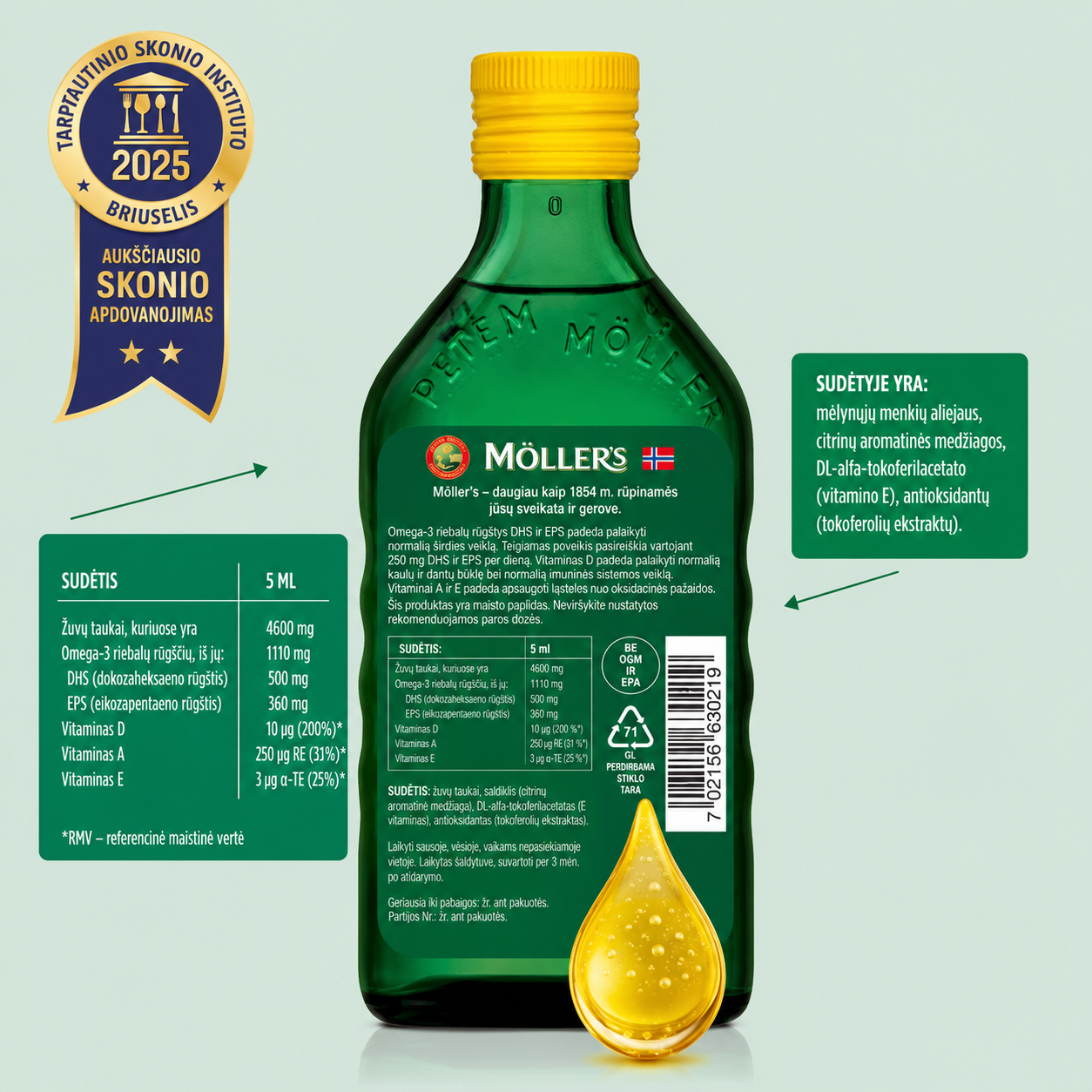 MÖLLER’S Omega-3 žuvų taukai, citrinų skonio, 250 ml