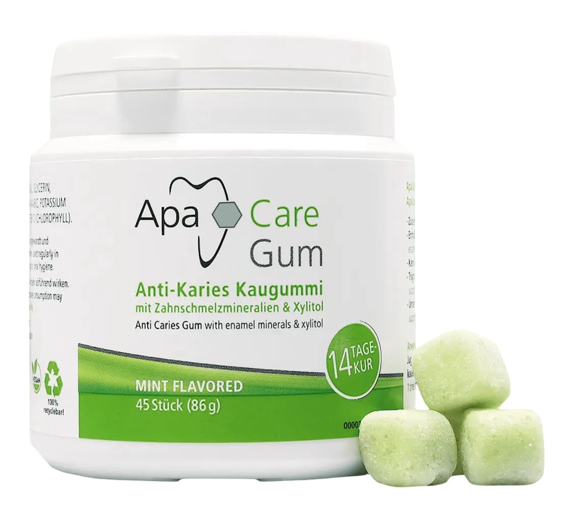 ApaCare Gum kramtomoji guma su ksilitoliu ir dantų emalio mineralais, mėtų skonio, 45 vnt. (86 g)