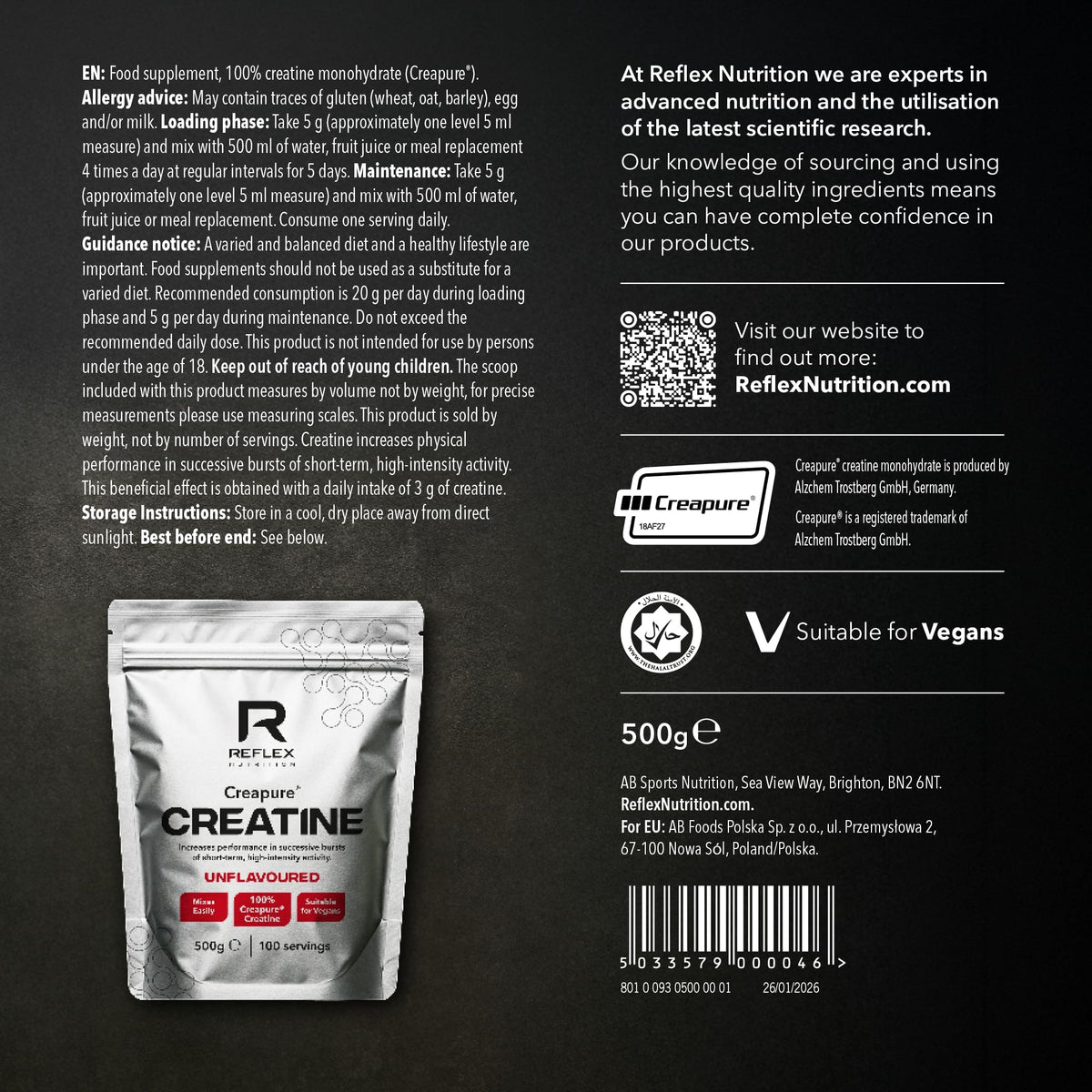 Reflex Nutrition Creapure® Creatine 500 g, 100 servings (unflavoured)