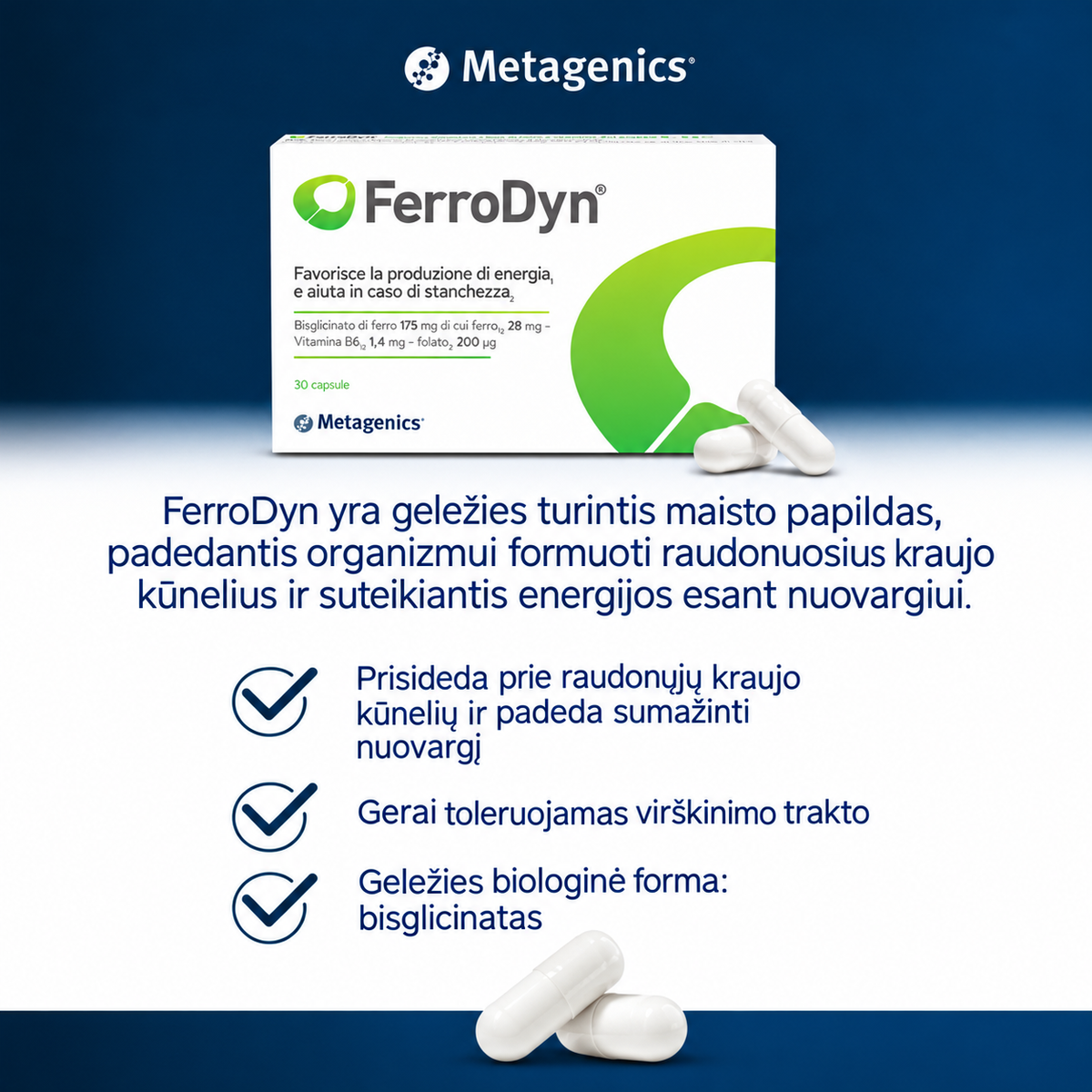 Metagenics FerroDyn Forte, 90 kapsulių