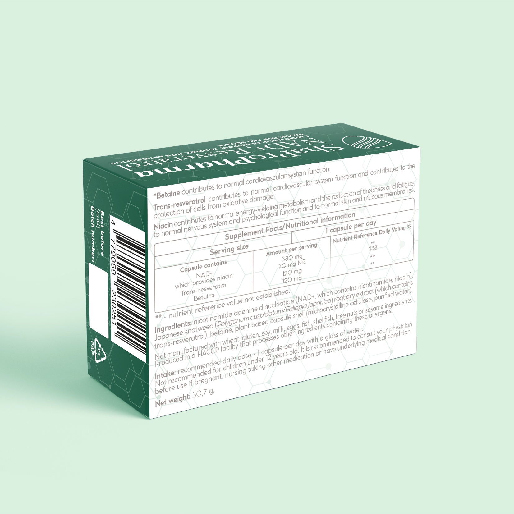 Shapropharma NAD+, Resveratrol and Betaine Complex – 30 vegetariškų kapsulių