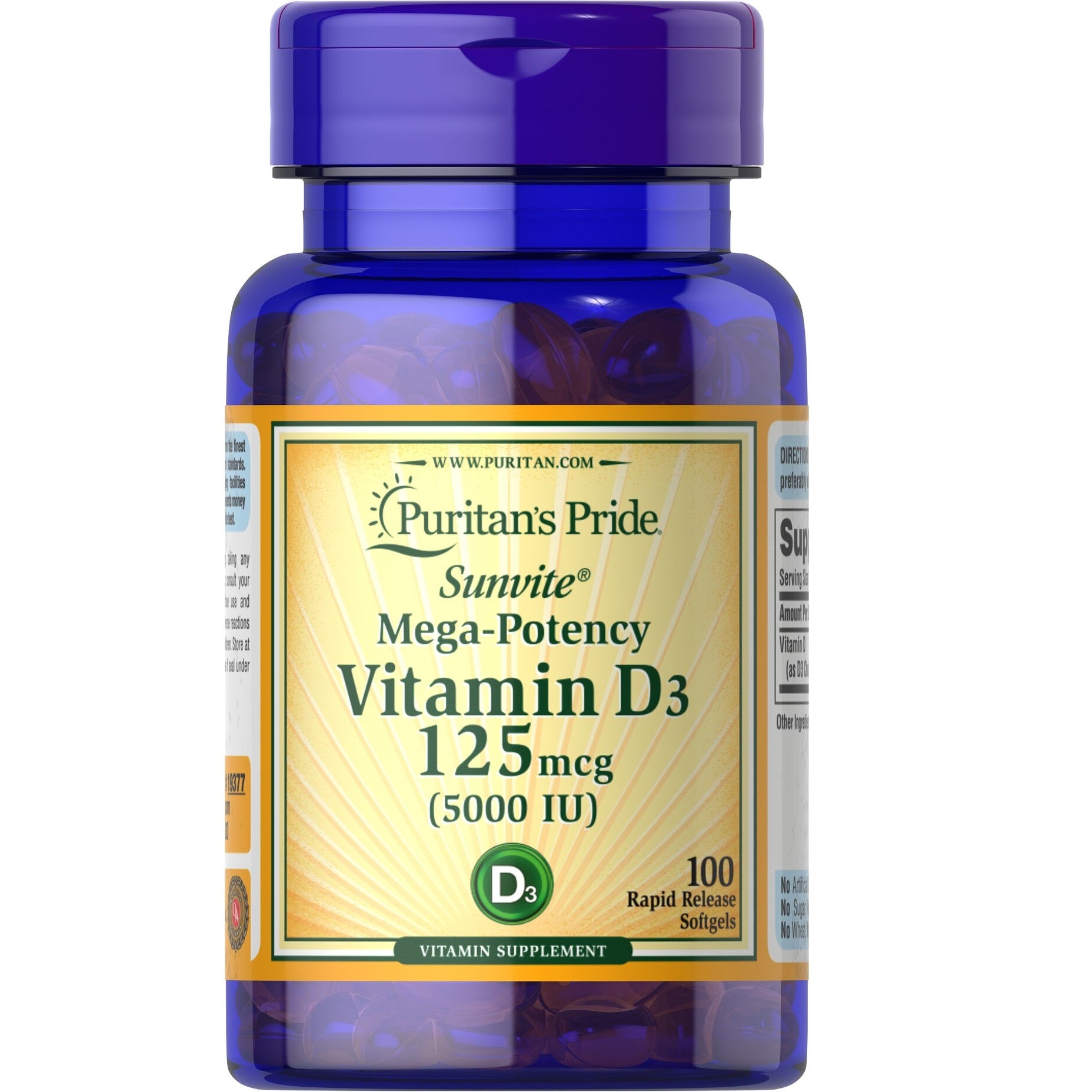 Puritan's Pride Sunvite Mega-Potency Vitamiin D3 125mcg (5000 RÜ) 100 kiiresti vabastav pehme geel