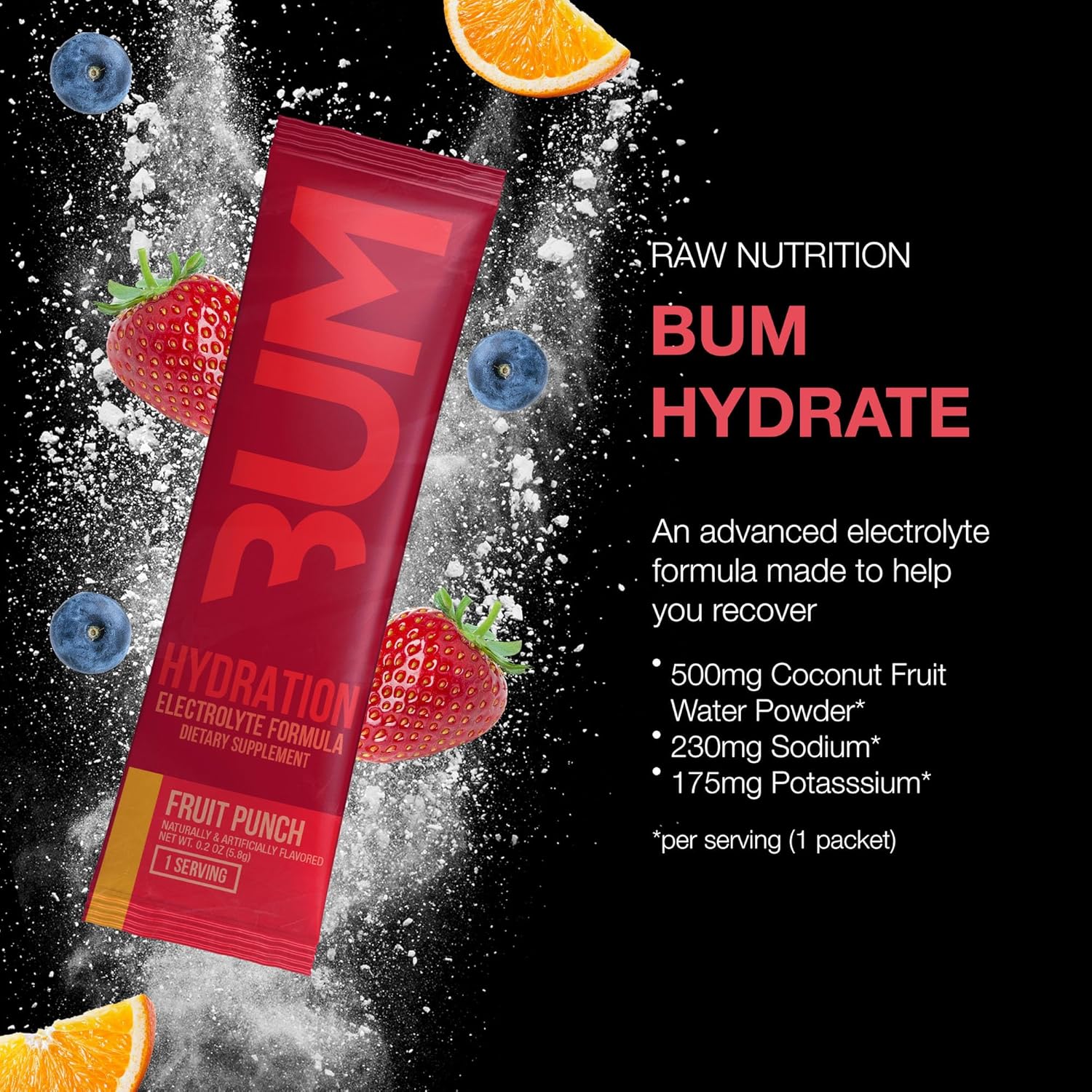 Raw Nutrition Bum Hydration, Fruit Punch - 20 x 5.8g Elektrolitai EXP 2026/04/30