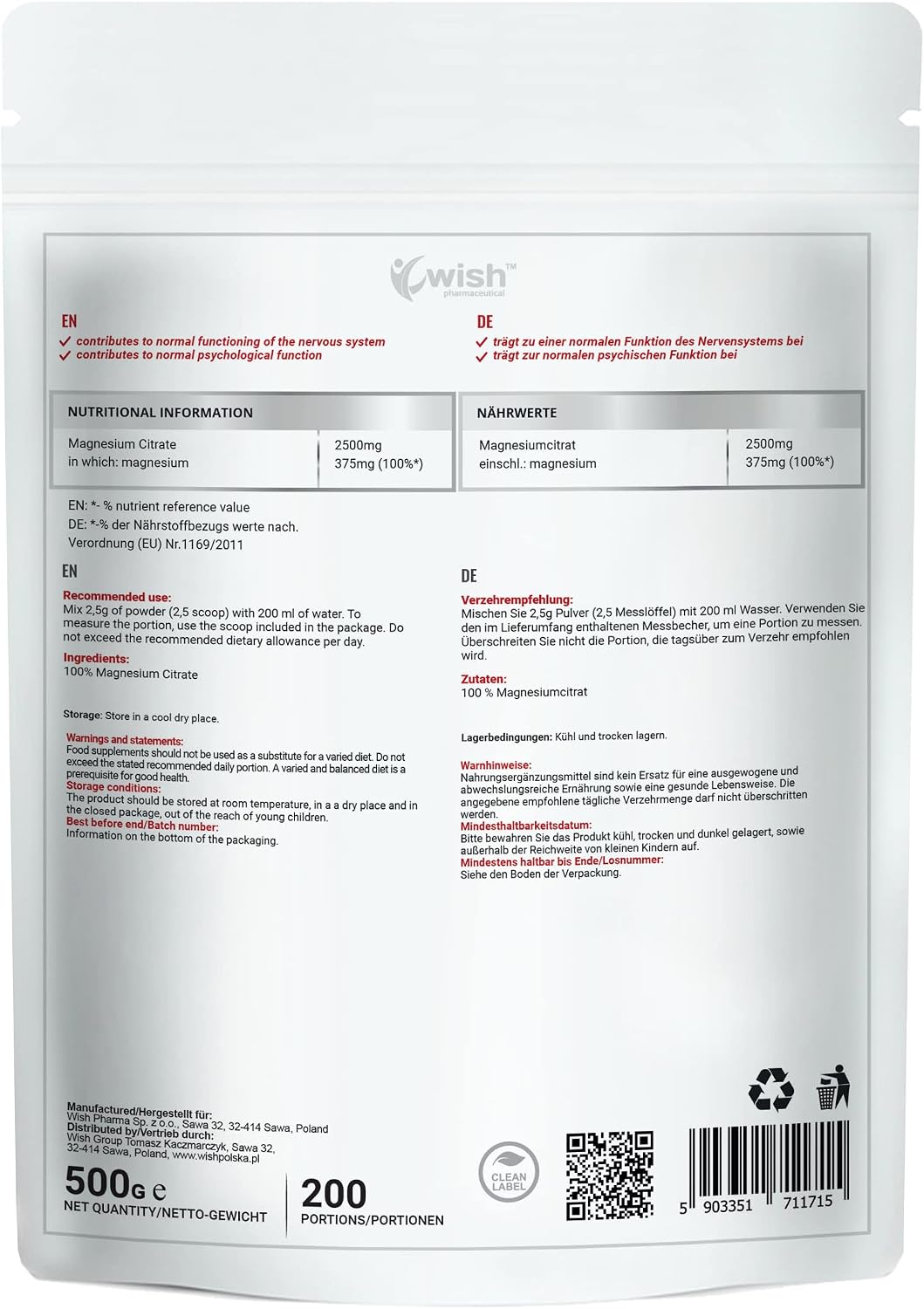 Wish Pharmaceutical Magnesium Citrate 500 g, 200 servings