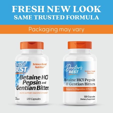 Betaine HCl Pepsin & Gentian Bitters Doctor's Best nauja pakuote