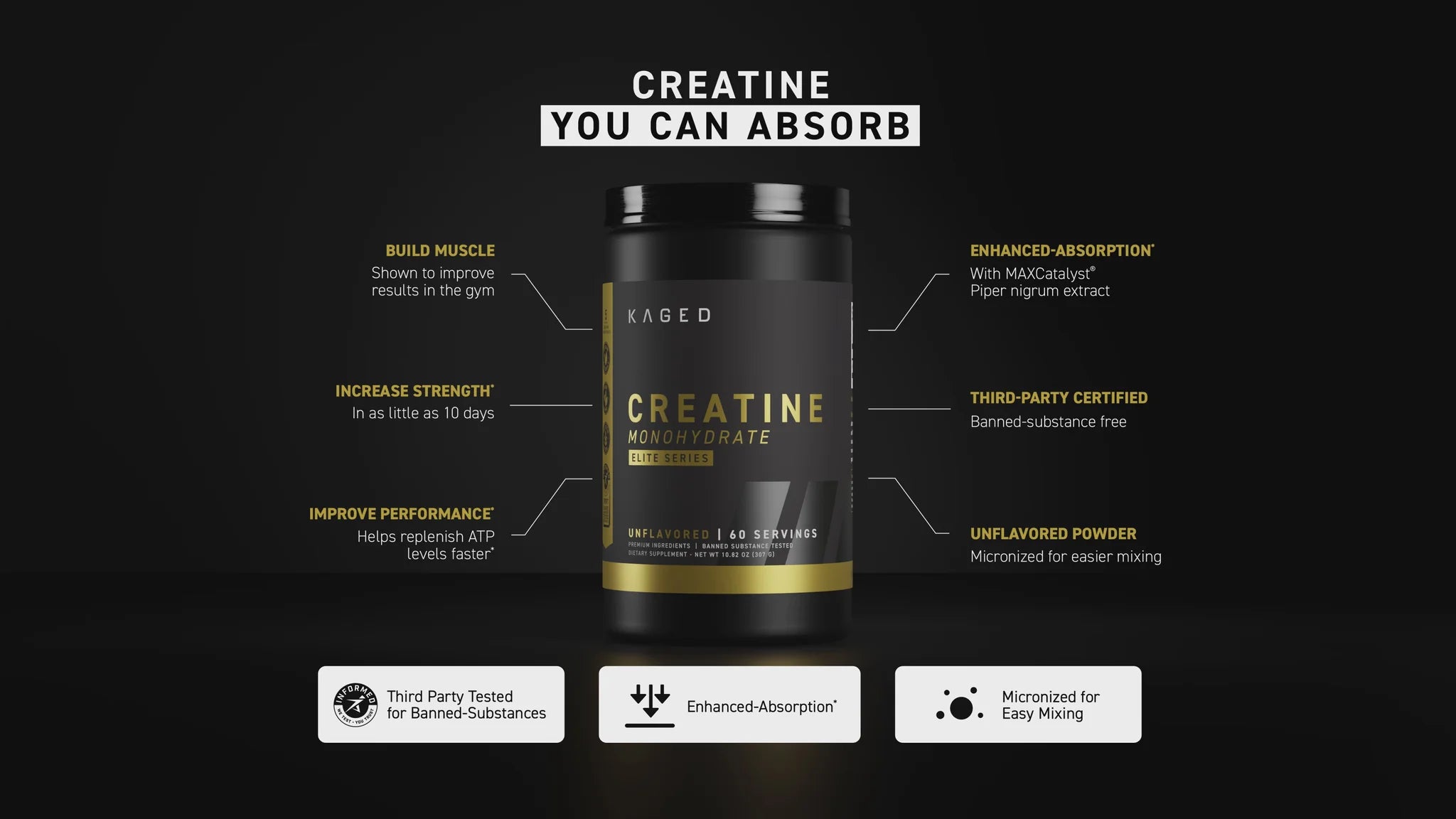 Kaged Muscle Creatine Monohydrate – Elite Series, Unflavoured – 307 g privalumai