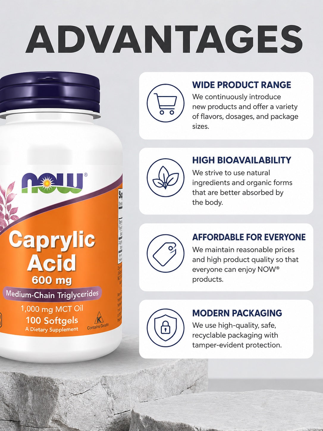 NOW Foods Caprylic Acid 600 mg – 100 minkštųjų kapsulių