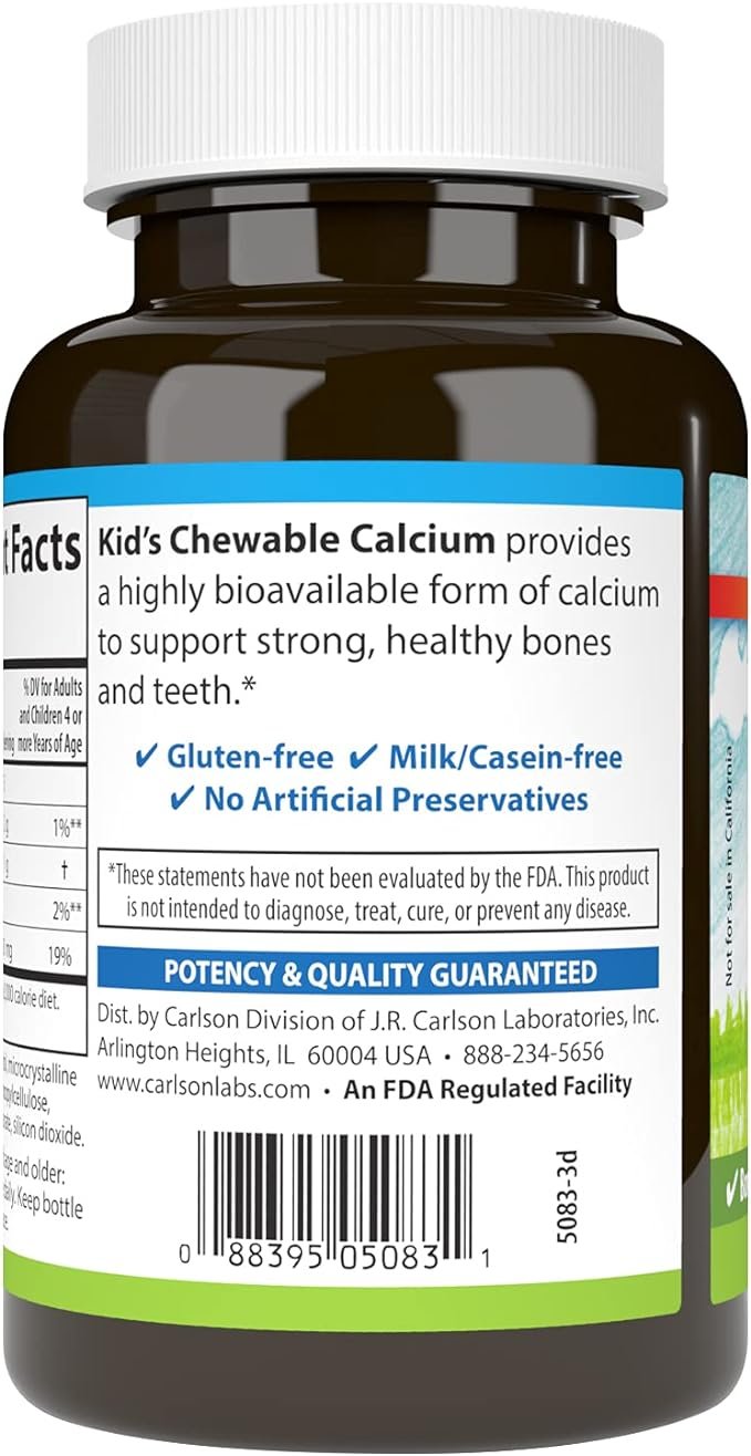 Carlson Labs Kid's Chewable Calcium, 250mg Natural Vanilla - 60 tablets akcija