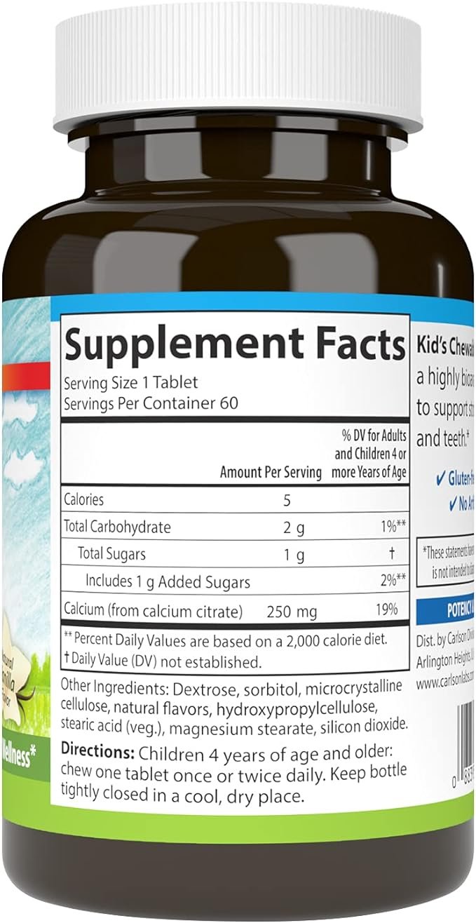 Carlson Labs Kid's Chewable Calcium, 250mg Natural Vanilla - 60 tablets sudetis