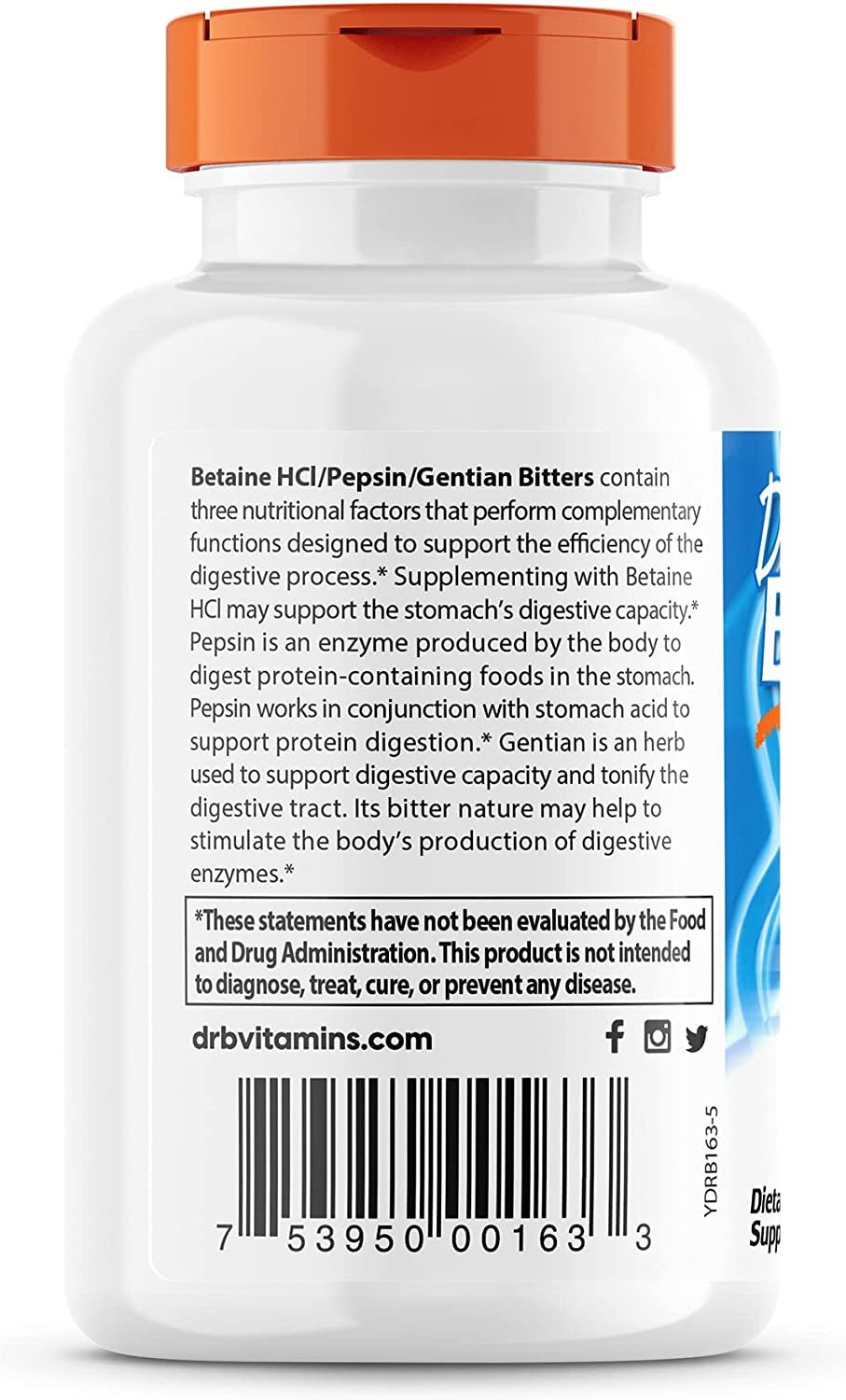 Doctor's Best Betaine HCl Pepsin & Gentian Bitters - 120 caps aprasymas
