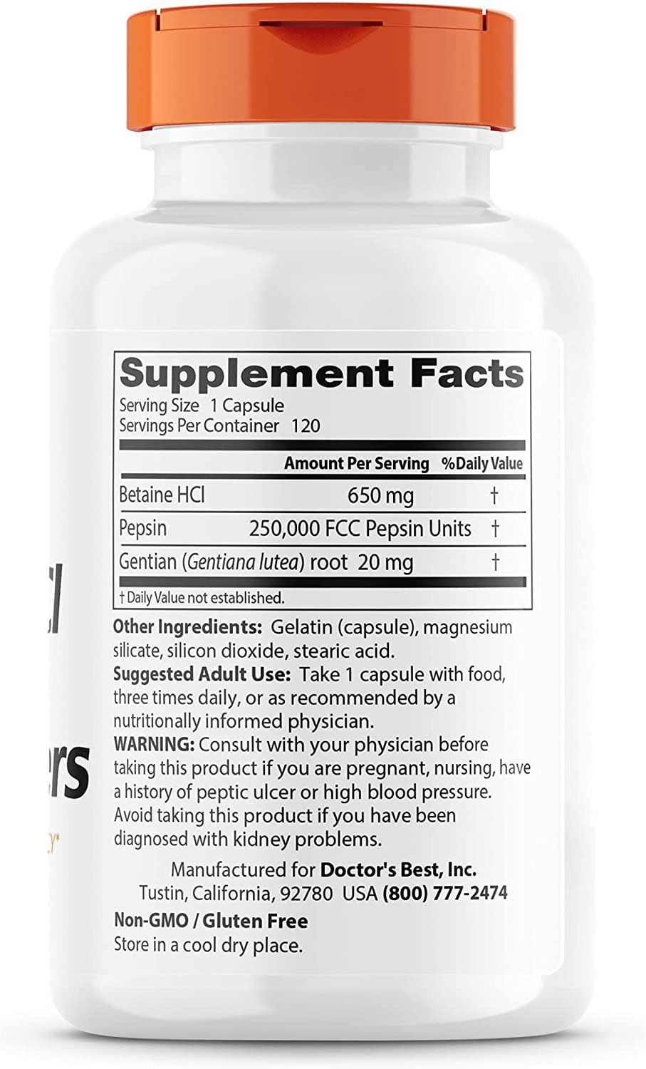 Doctor's Best Betaine HCl Pepsin & Gentian Bitters - 120 caps sudetis