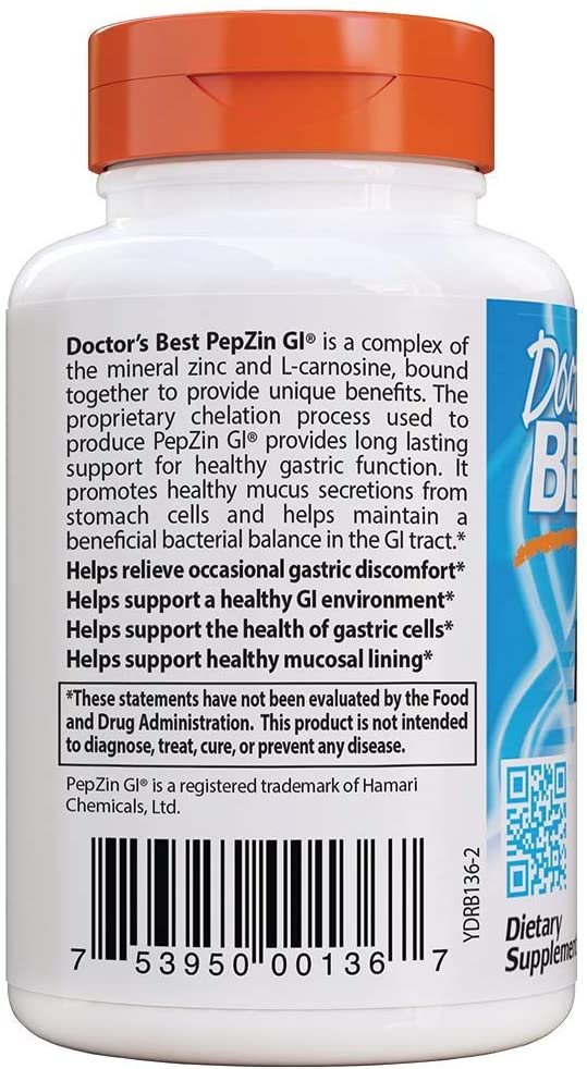 Doctor's Best PepZin GI - 120 vcaps Zinc-L-Carnosine Complex aprasymas