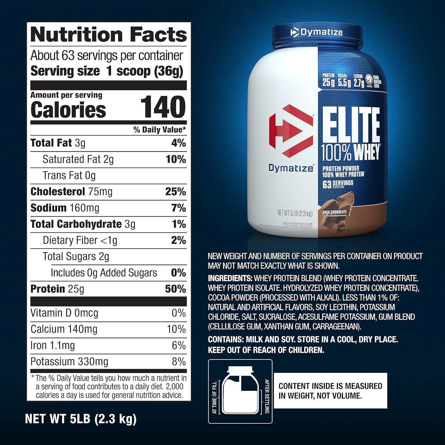 Dymatize Elite 100% Whey Protein, 2.27 kg sudeties lentele