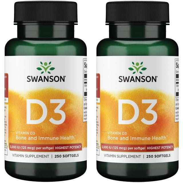 2x Swanson Vitamin D3 Highest Potency 5,000 IU (125 mcg) 250 Softgels kaina