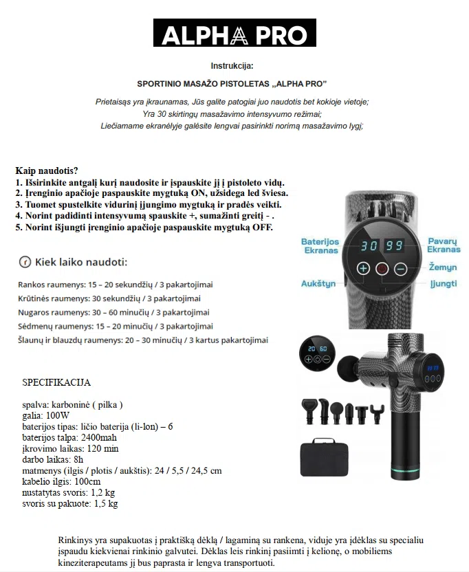masazuoklio pistoleto alpha pro naudojimosi instrukcija