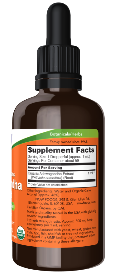 NOW Certified Organic Ashwagandha Extract 59ml sudetis