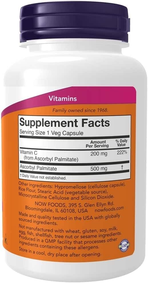 NOW Foods Ascorbyl Palmitate, 500mg - 100 vcaps sudetis
