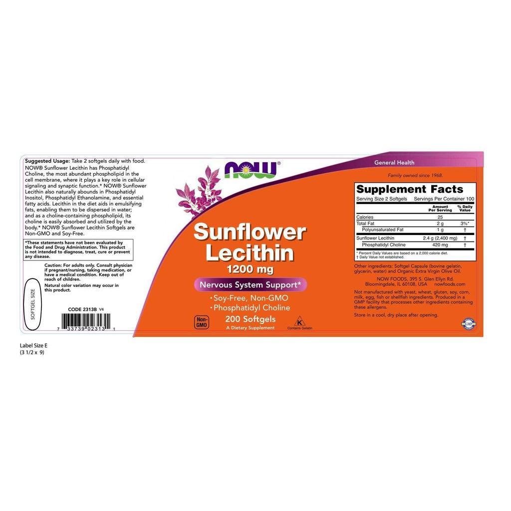 Now Foods Sunflower Lecithin 1200 mg 200 Softgels etikete