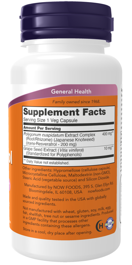 NOW Natural Resveratrol 200mg 60 Veg. Capsules sudetis
