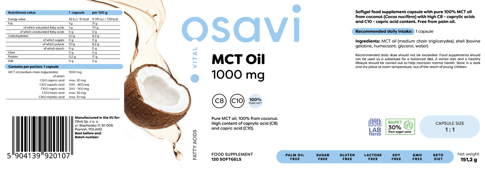 Osavi MCT Oil 1000mg 120 softgels etikete