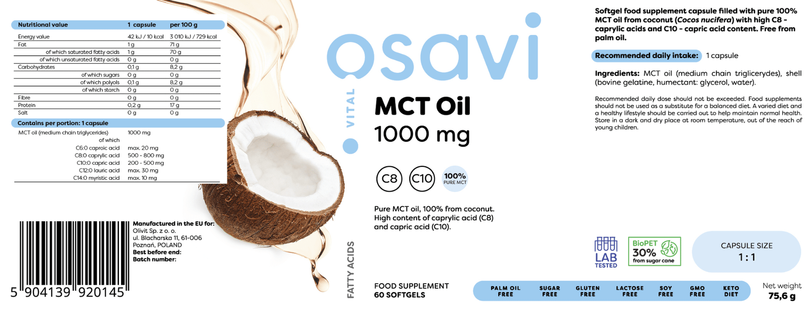 Osavi MCT Oil 1000mg 60 softgels etiket