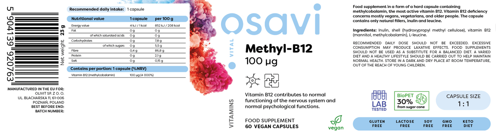 Osavi Methyl-B12 100mcg 60 vegan capsules etikete