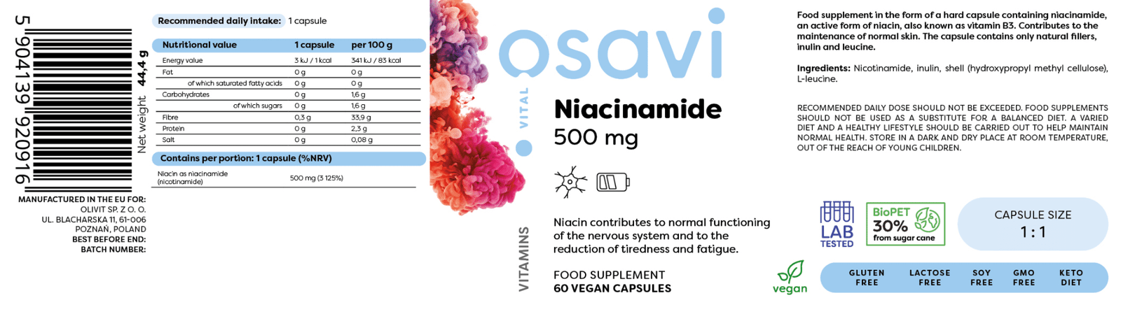 Osavi Niacinamide 500mg vegan capsules lentele