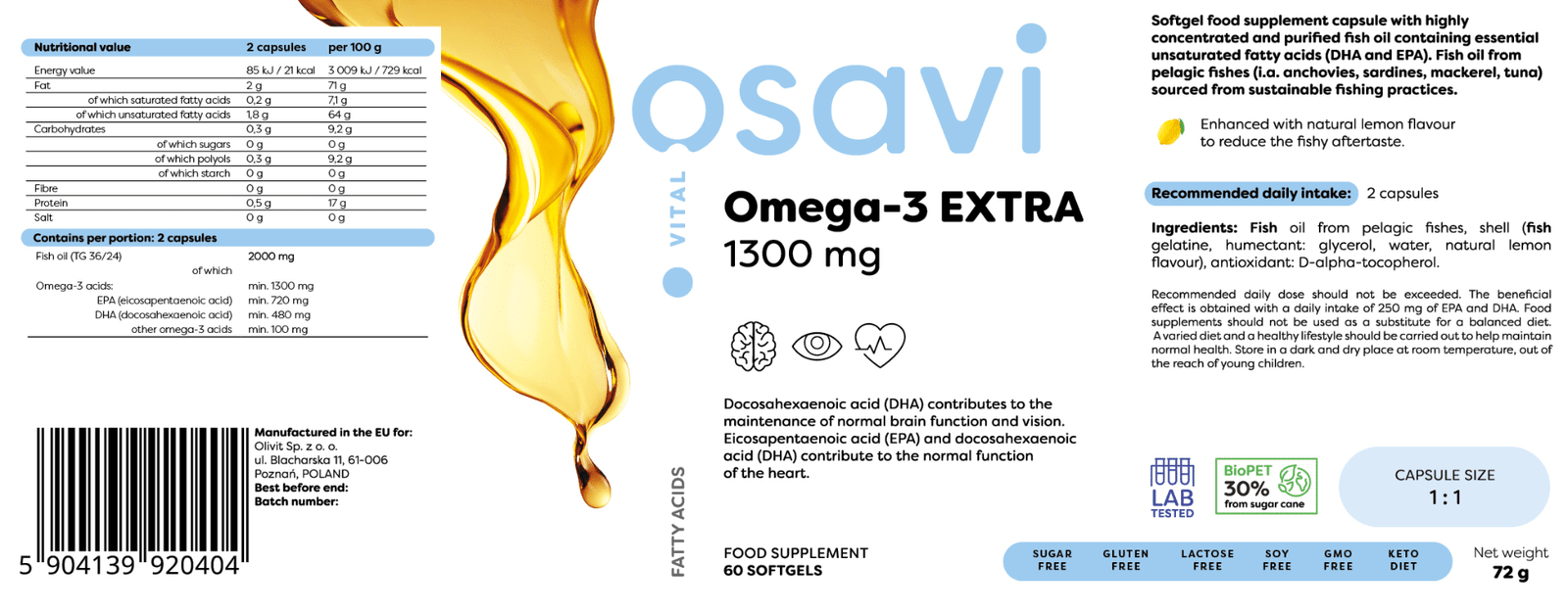 Osavi Omega-3 Extra 1300mg - 60 softgels - Lemon lentele