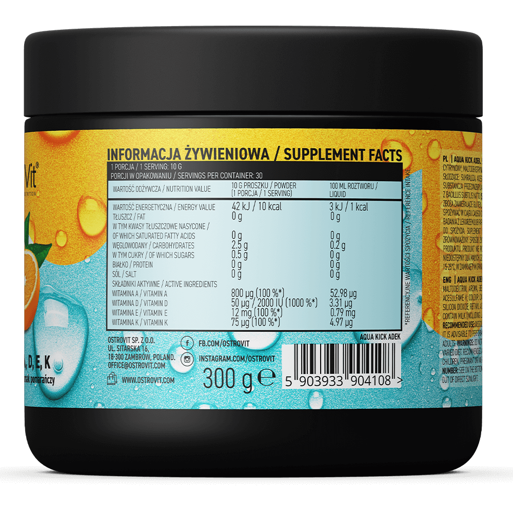 OstroVit Aqua Kick ADEK 300 g kaina sudetis