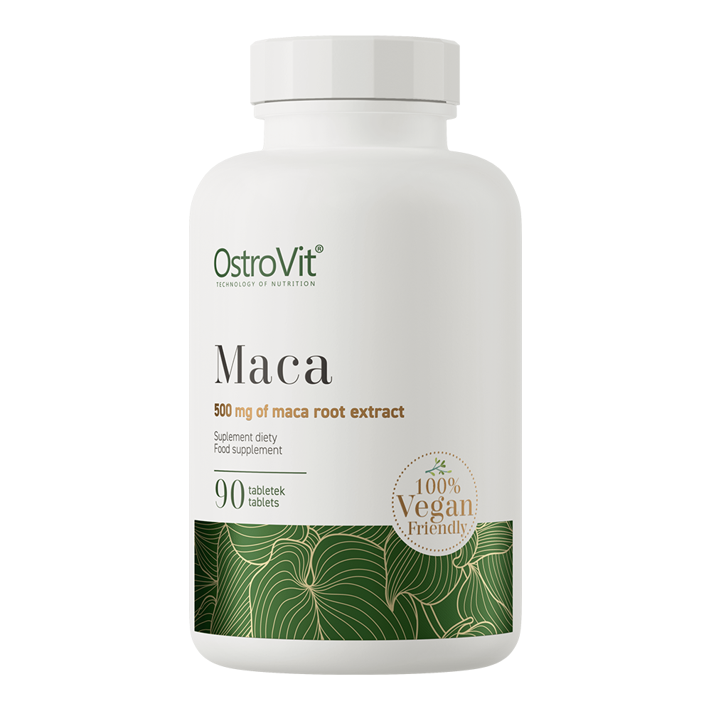 OstroVit Maca VEGE – aukštos kokybės maca šaknų ekstraktas (10:1), skirtas energijai, ištvermei ir hormonų balansui palaikyti. 🌿 90 veganiškų tablečių!
