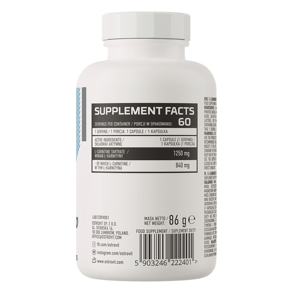 OstroVit Supreme L-Carnitine 1250 mg, 60 kapsulių sudetis