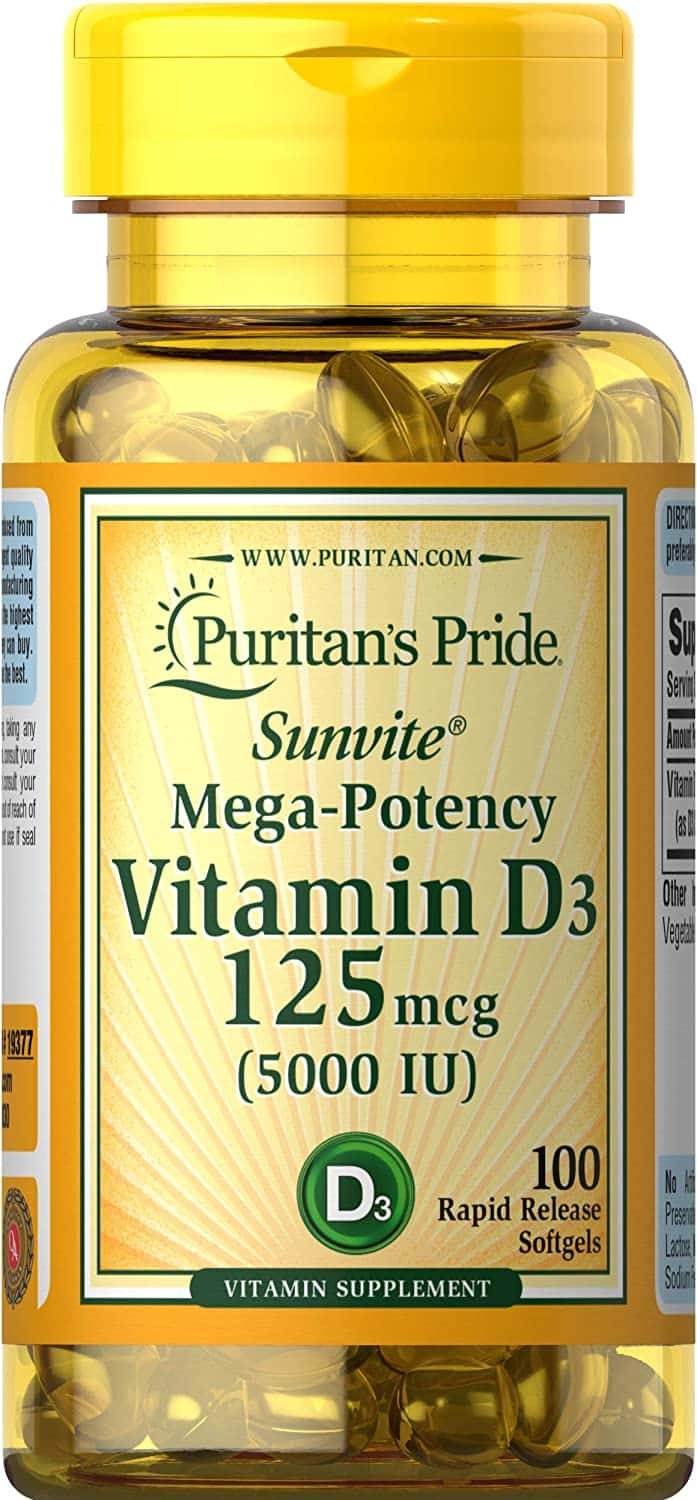 Puritan’s Pride Sunvite Mega-Potency Vitamin D3 125mcg (5000 IU) 100 rapid release Softgel kaina akcija