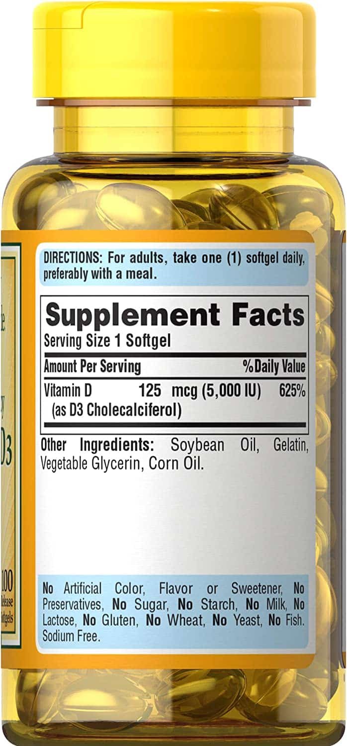 Puritan’s Pride Sunvite Mega-Potency Vitamin D3 125mcg (5000 IU) 100 rapid release Softgel sudetis