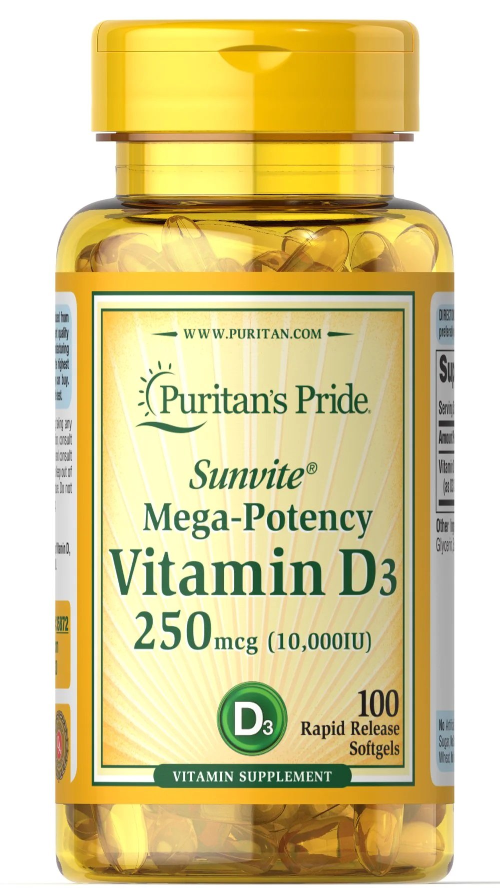 Puritan's Pride Sunvite Mega Potency Vitamin D3 250 mcg 10000 IU - 100 softgels. kaina akcija