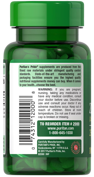 Puritan's Pride Zinc Gluconate 25mg 100 tablets pigu
