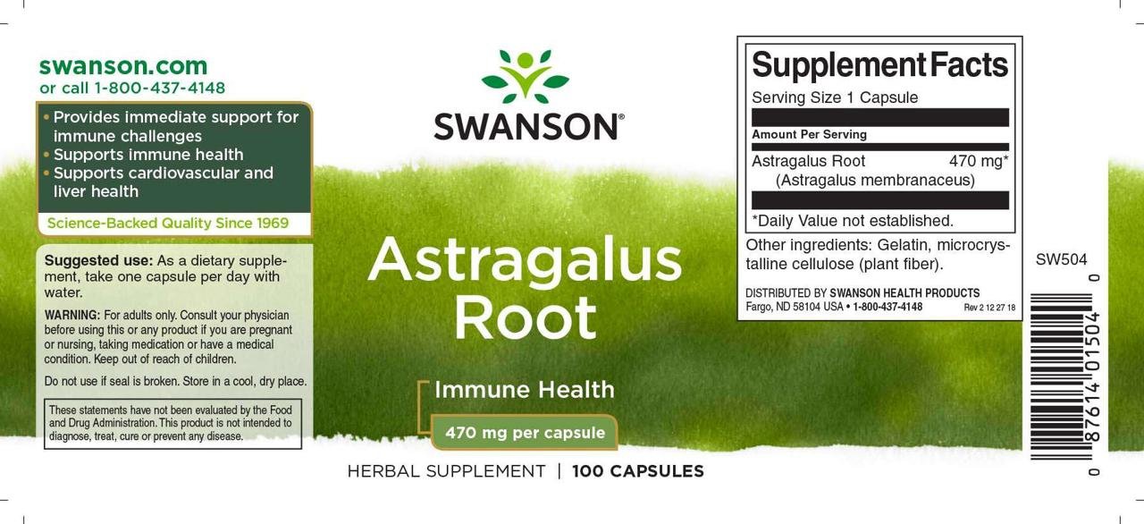 Swanson Astragalus Root 470mg 100caps etikete