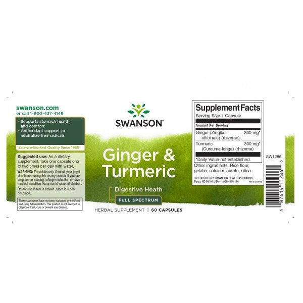 SWANSON Ginger & Turmeric (Ginger, Turmeric, Stomach Support) 60 Capsules etikete